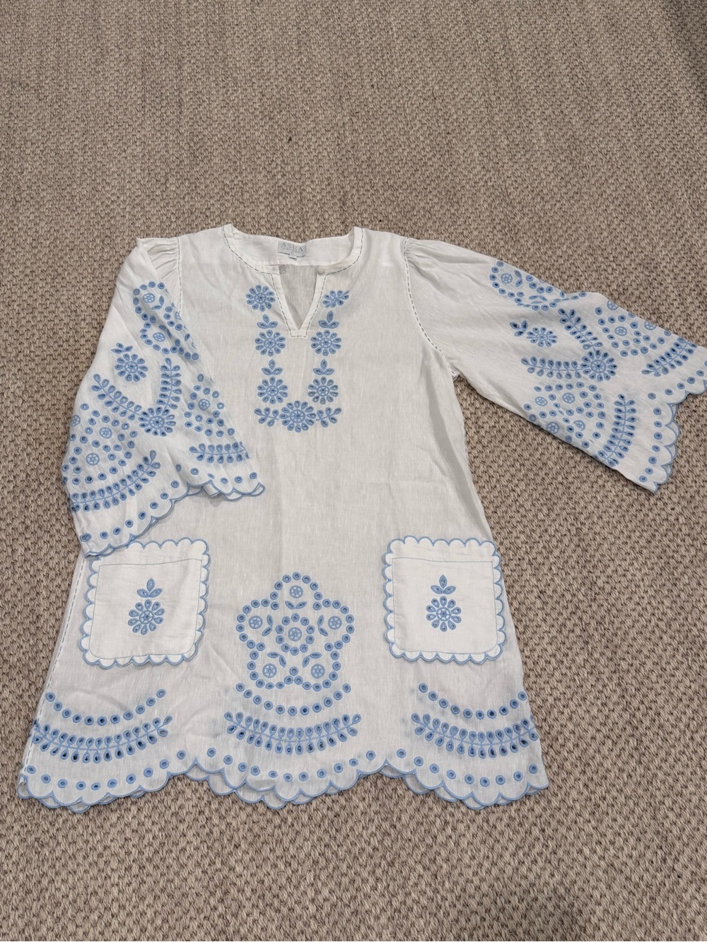 Never worn White Eyelet Tunic Dress with Blue Embroidery